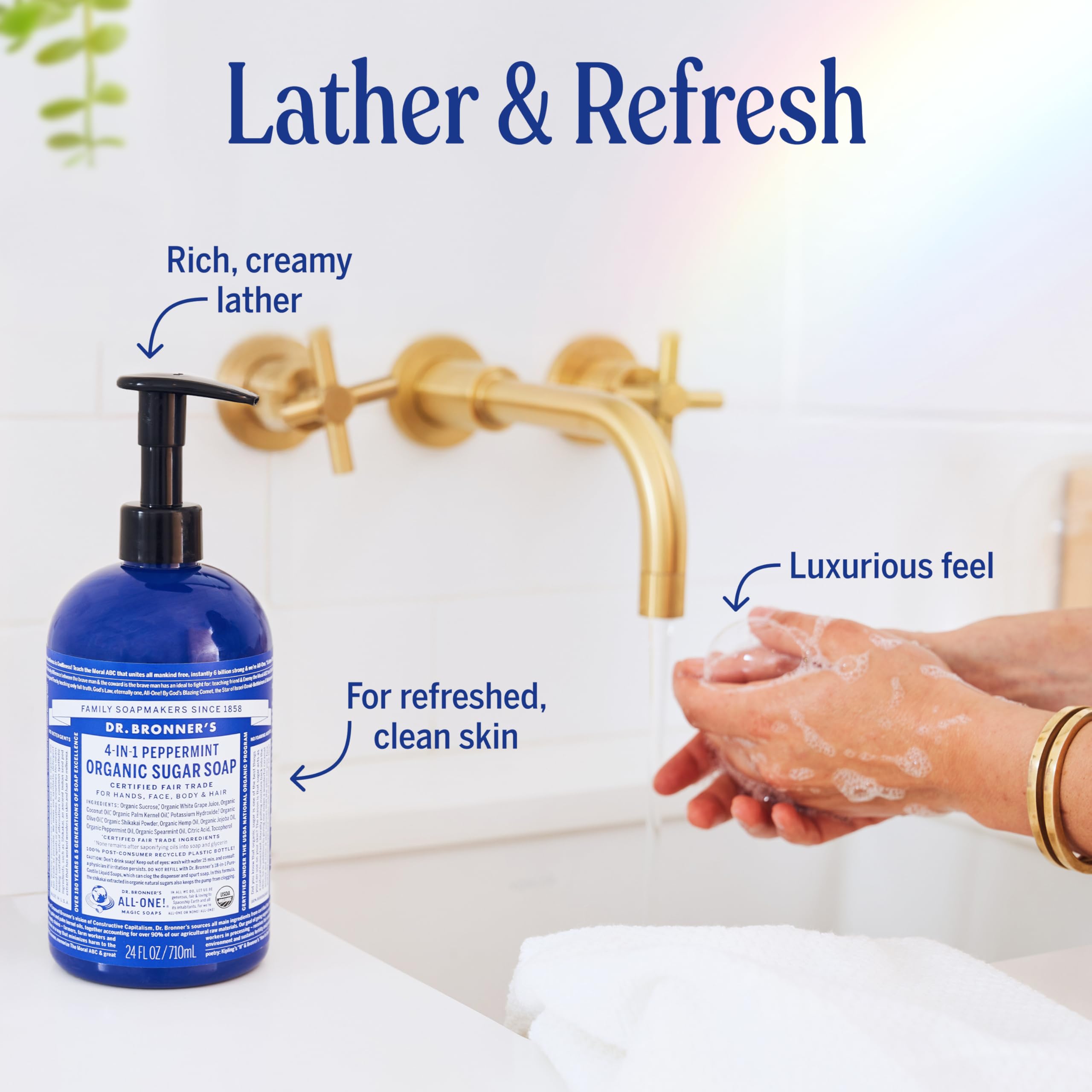 Dr. Bronner's Peppermint Sugar Soap for hair care with gentle cleansing and cooling rinse.