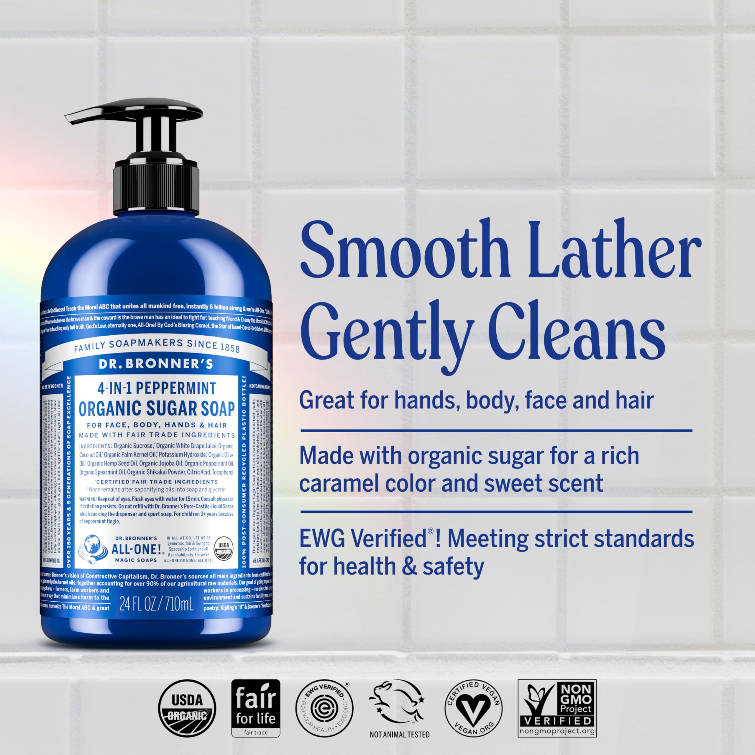 Dr. Bronner's Peppermint Sugar Soap lather closeup showing creamy foam for gentle cleansing.