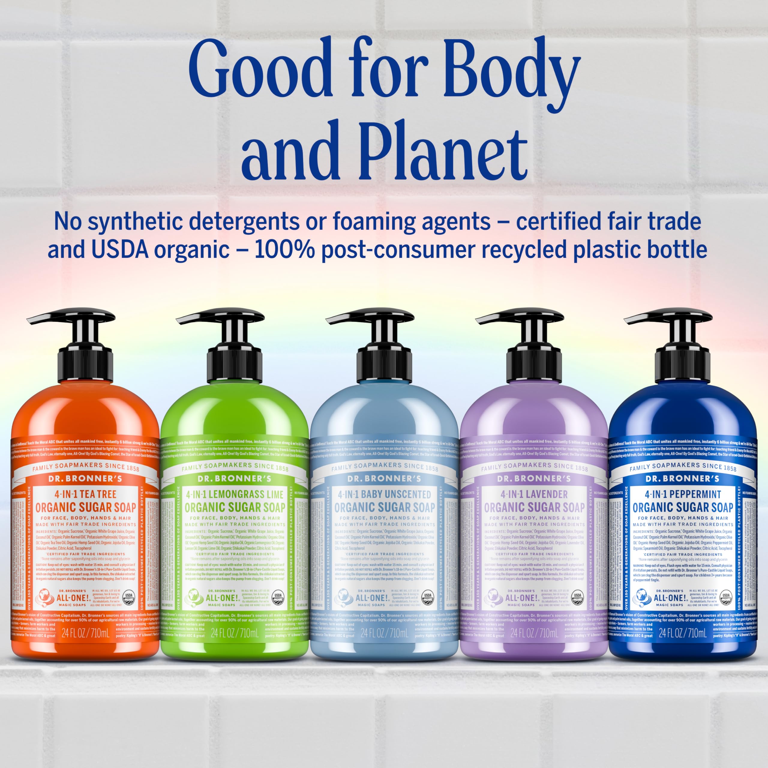 Dr. Bronner's Peppermint Sugar Soap recycled packaging emphasizing post-consumer bottle usage.