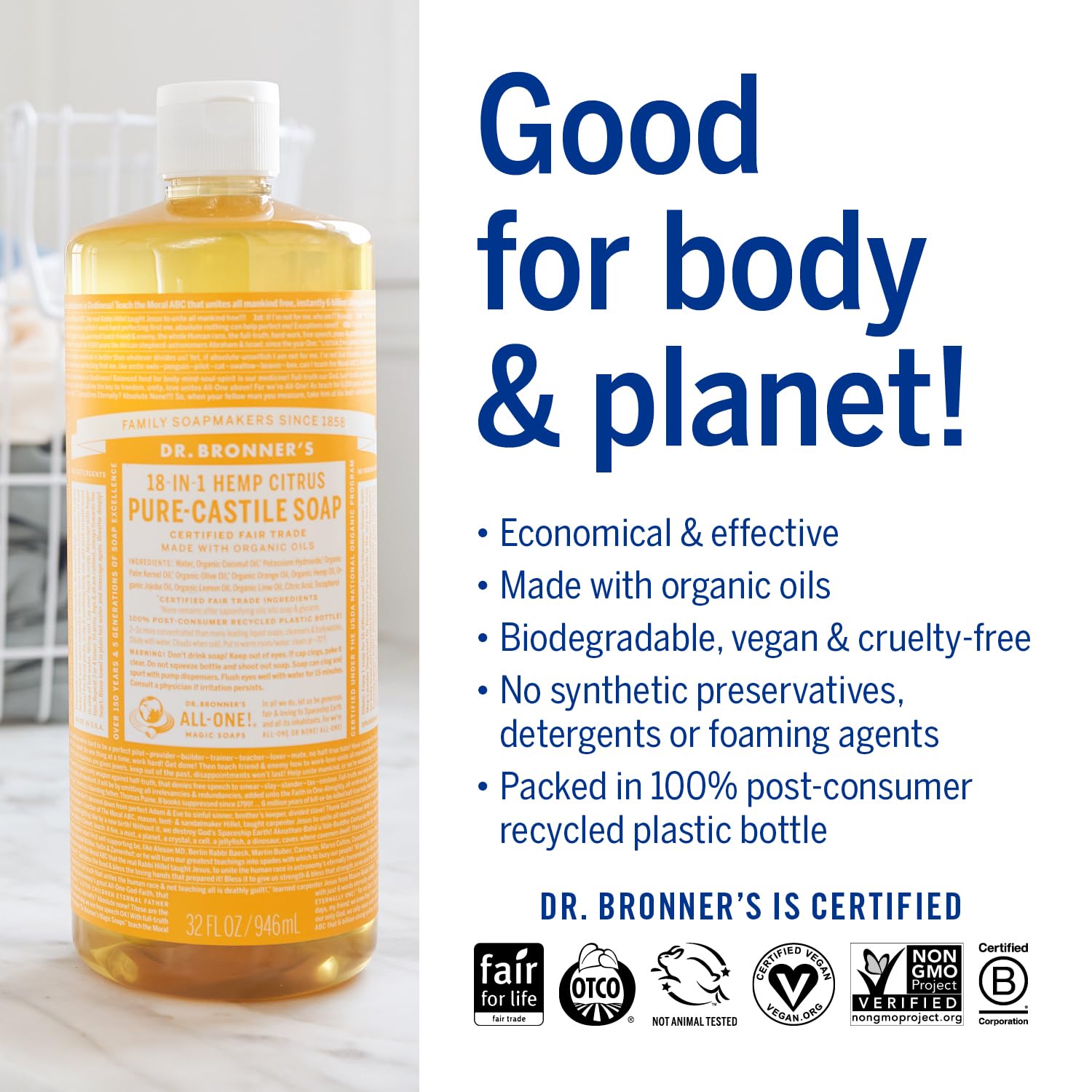Dr. Bronner's bottle crafted from post-consumer recycled plastic packaging