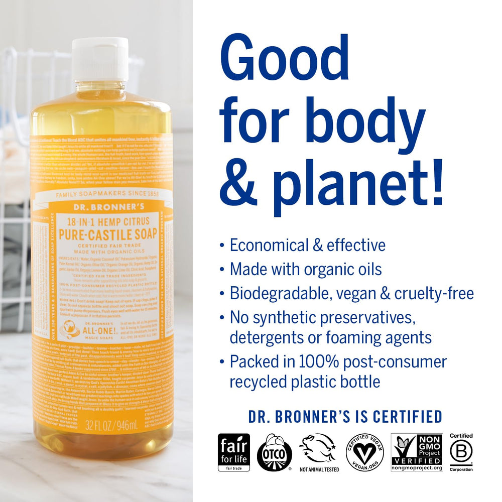 Dr. Bronner's bottle crafted from post-consumer recycled plastic packaging