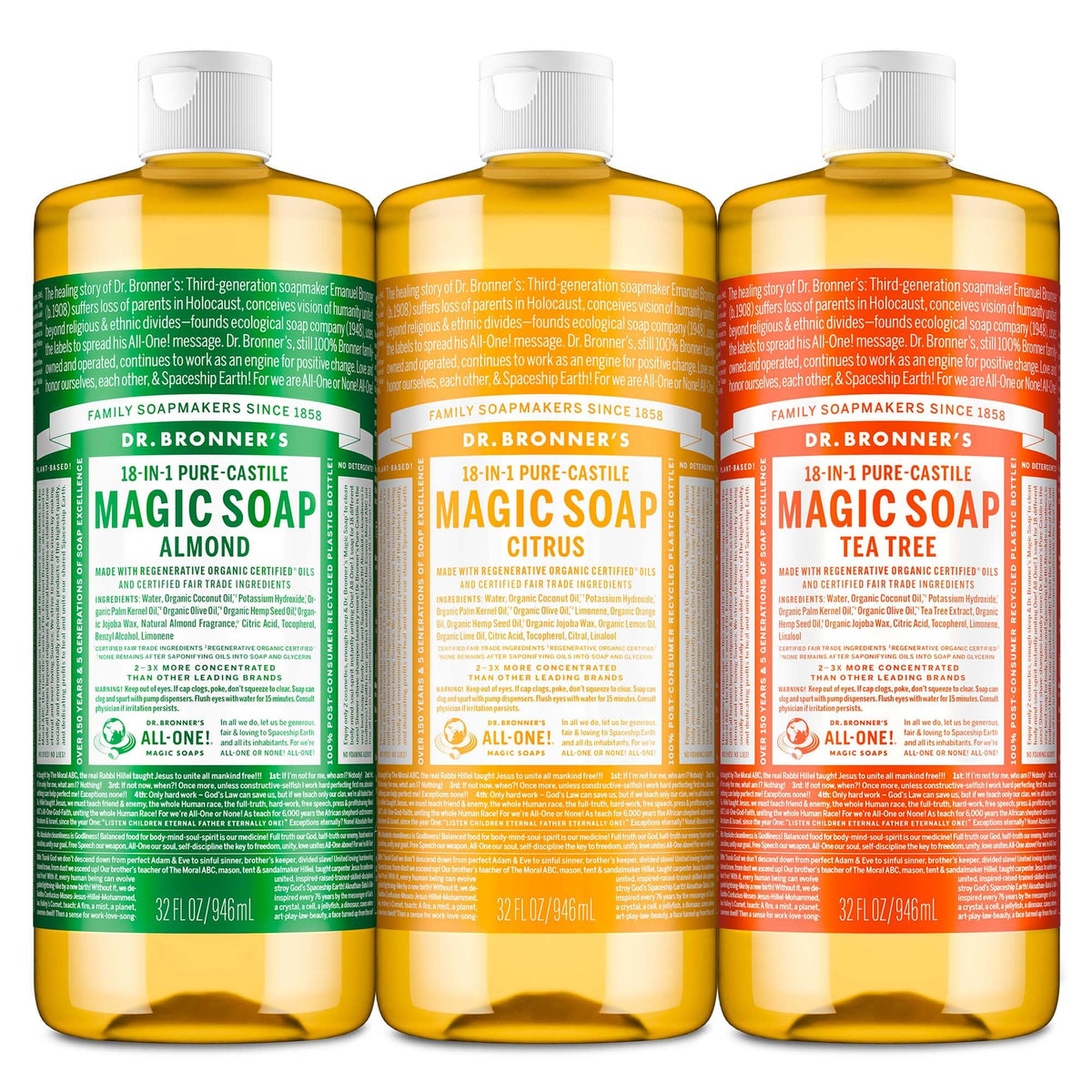 Dr. Bronner's Pure-Castile Almond bottle with soothing aroma for everyday body wash.