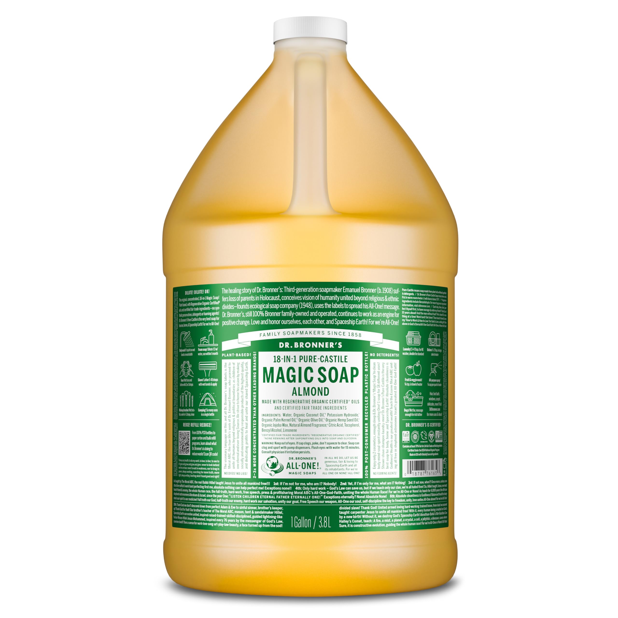 Dr. Bronner's Pure-Castile Almond bottle shows versatile cleansing for face and body.