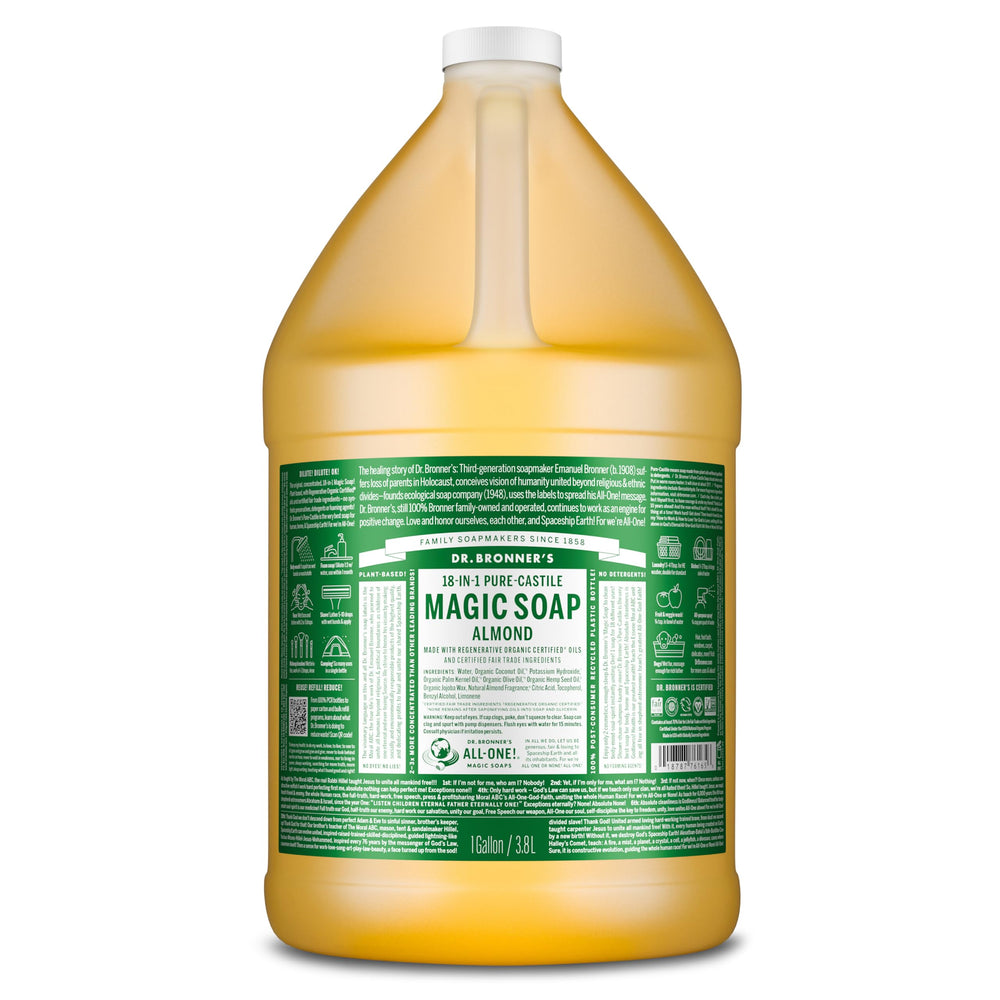 Dr. Bronner's Pure-Castile Almond bottle shows versatile cleansing for face and body.
