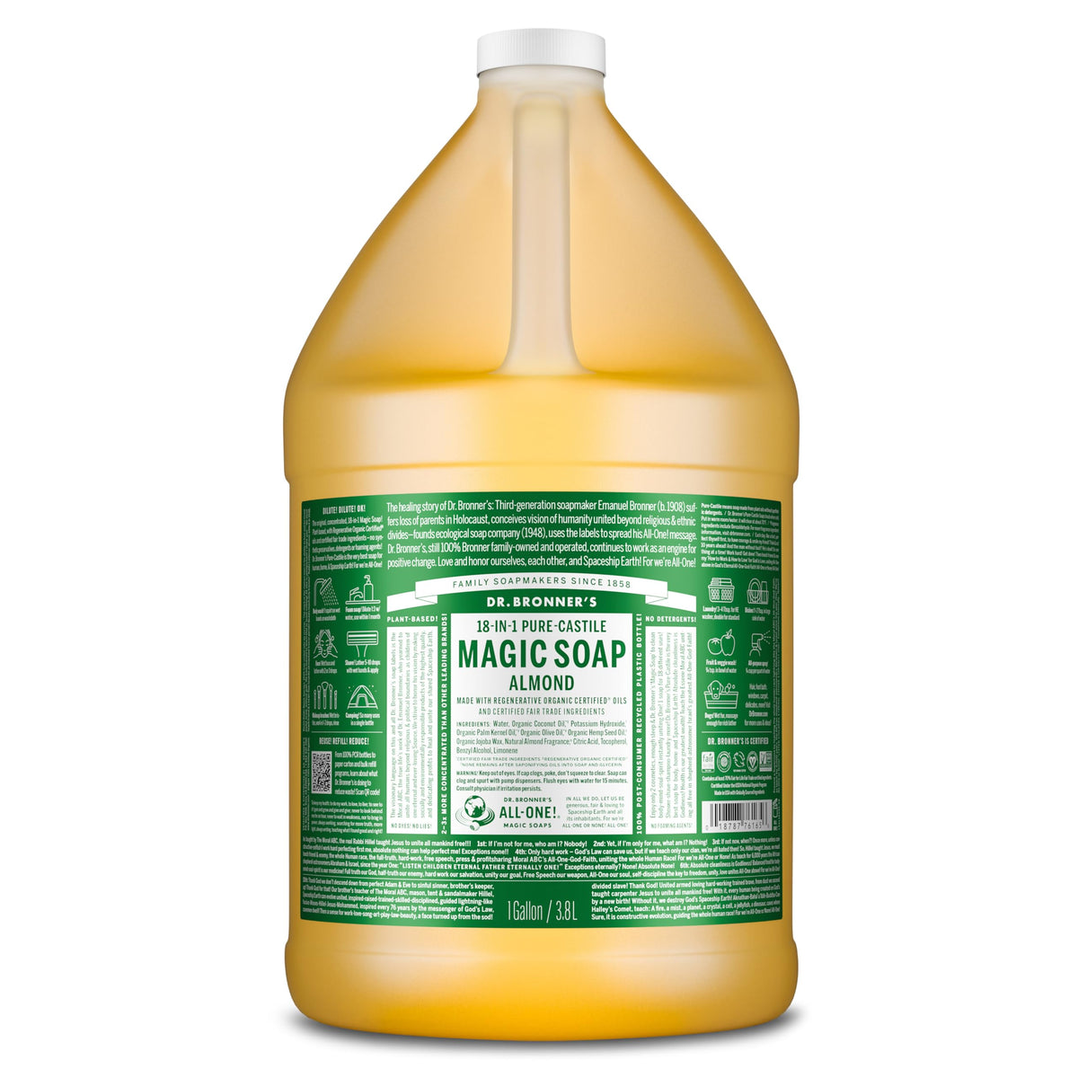 Dr. Bronner's Pure-Castile Almond bottle shows versatile cleansing for face and body.