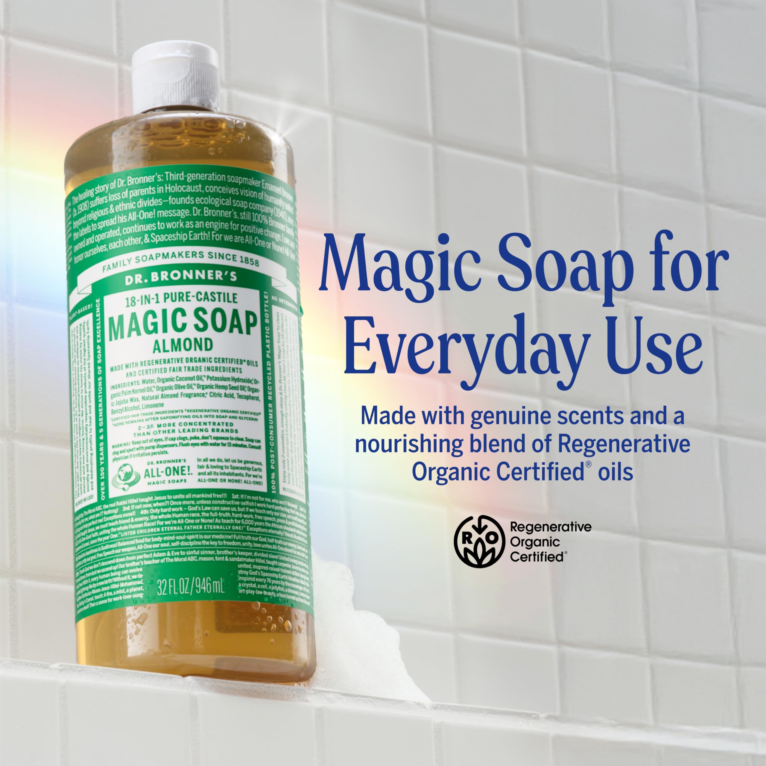 Dr. Bronner's almond castile soap close-up shows thick lather and gentle cleansing.