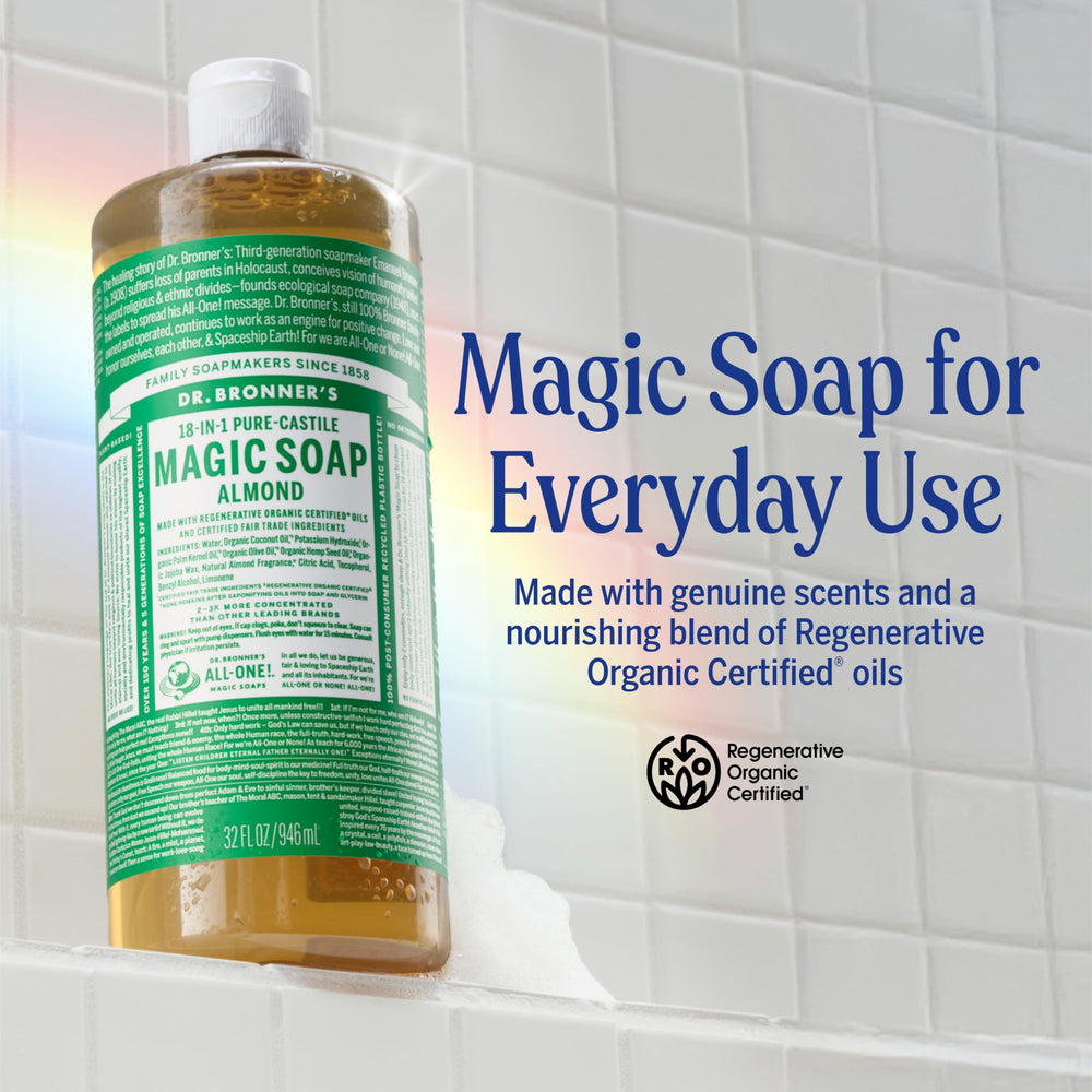 Dr. Bronner's almond castile soap close-up shows thick lather and gentle cleansing.