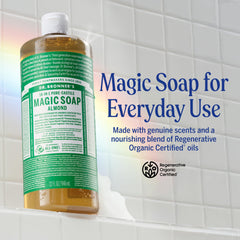 Dr. Bronner's almond castile soap close-up shows thick lather and gentle cleansing.