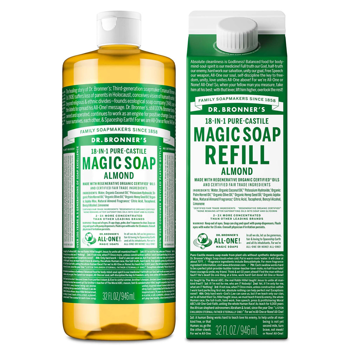 Dr. Bronner's Pure-Castile Almond Soap bottle 32oz with rich lather for body cleansing.