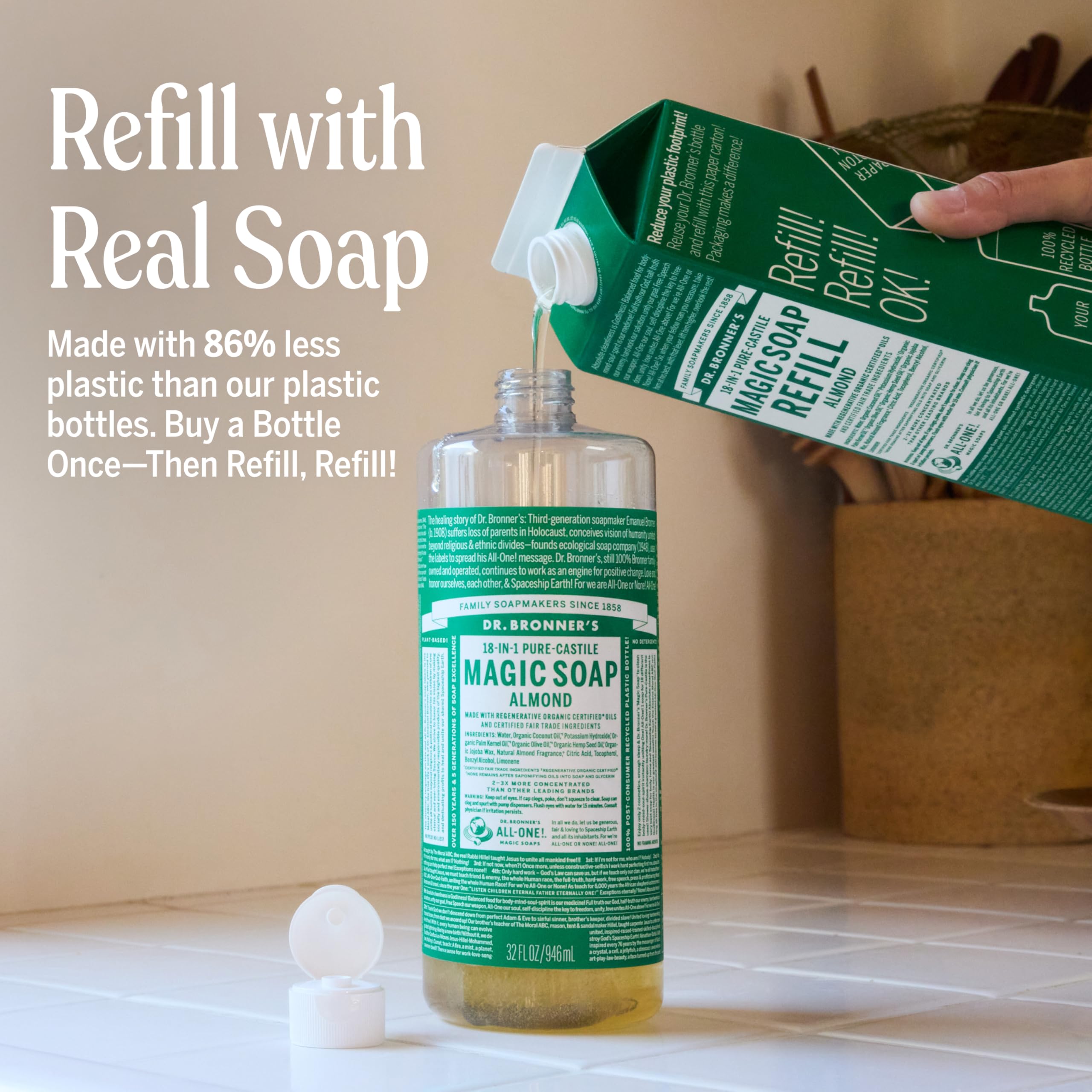 Dr. Bronner's almond castile soap refill pack promotes less waste and easy top-ups.