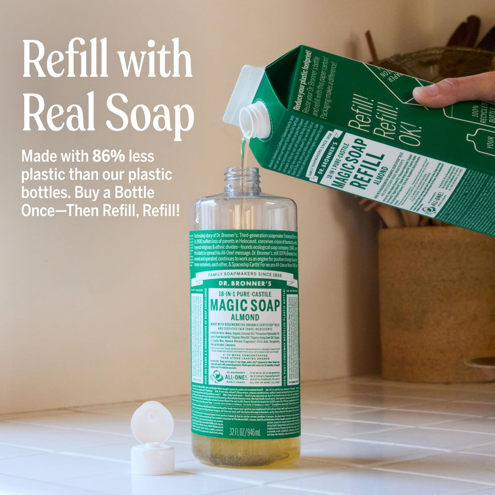 Dr. Bronner's almond castile soap refill pack promotes less waste and easy top-ups.