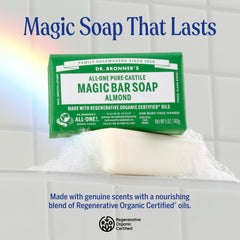 Dr. Bronner's Pure-Castile Magic Bar Almond lather demonstrates gentle cleansing for skin and hair.