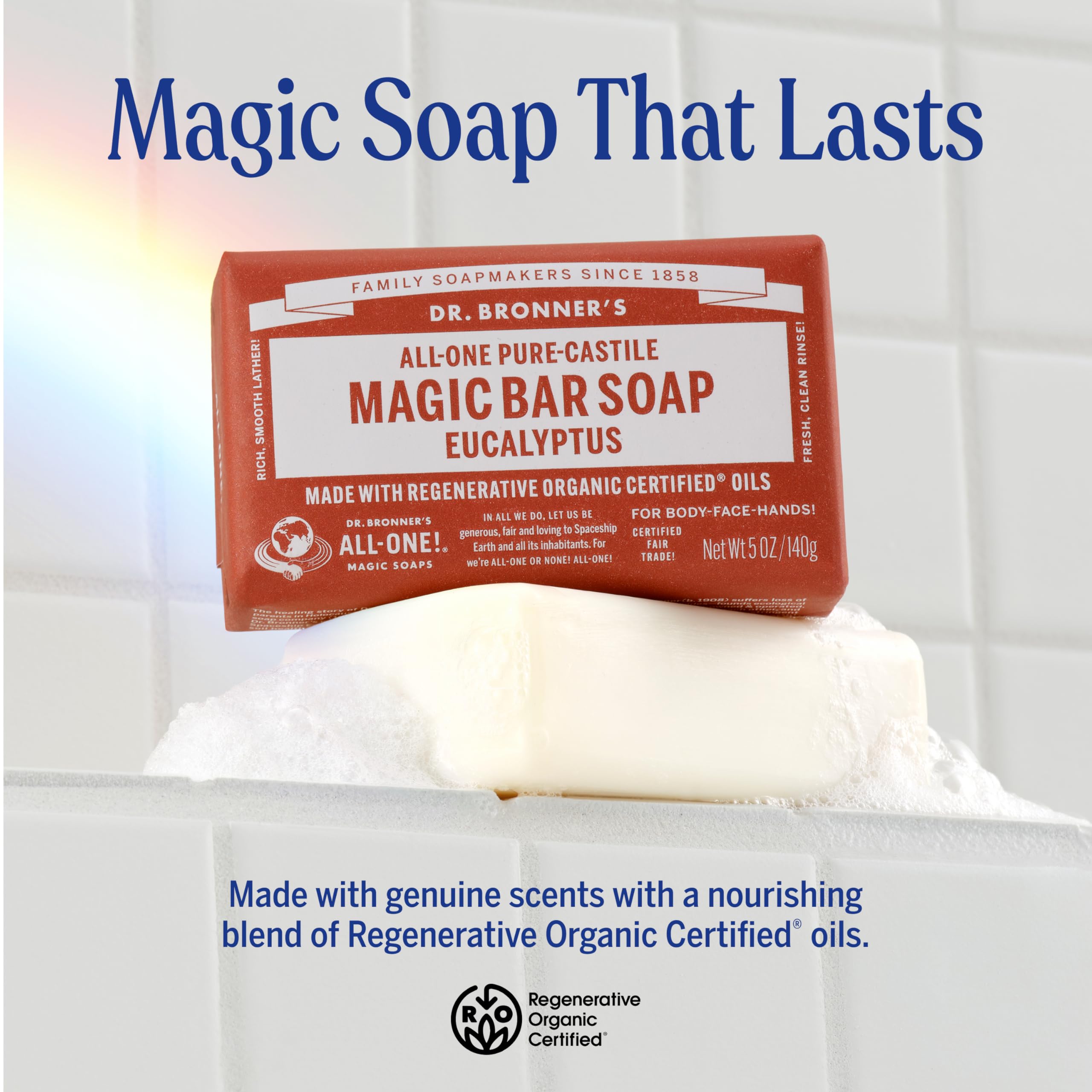Dr. Bronner's eucalyptus bar lather close-up showing rich bubbles for easy cleansing.