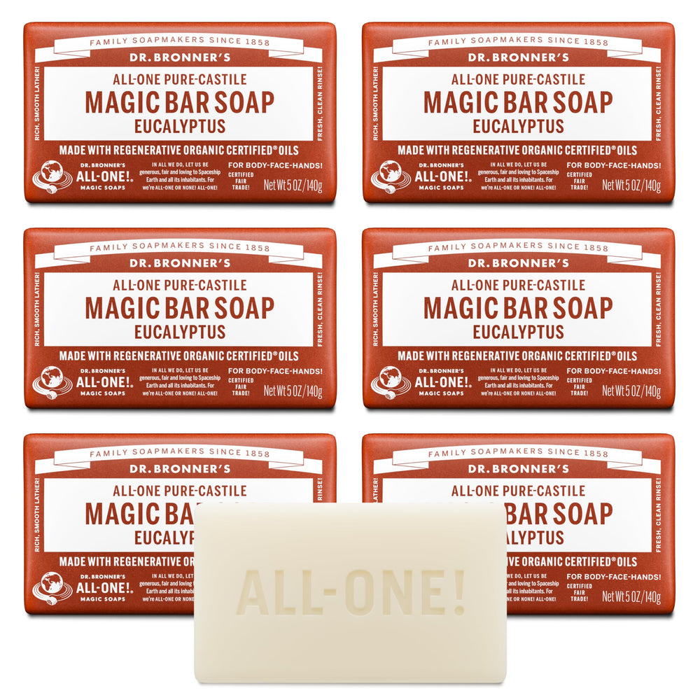 Dr. Bronner's eucalyptus bar packaging shown in recycled paper for eco-friendly cleansing.
