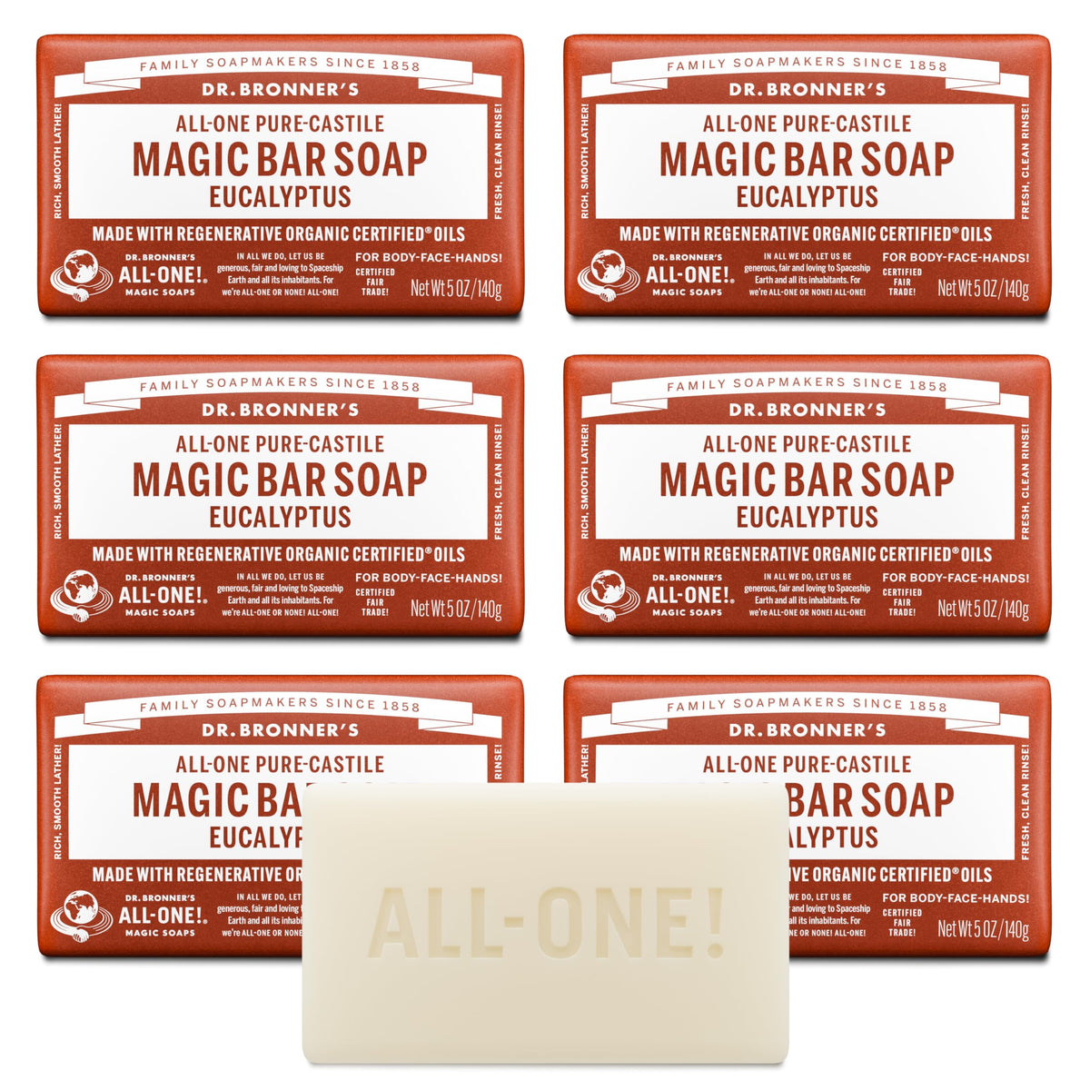 Dr. Bronner's eucalyptus bar packaging shown in recycled paper for eco-friendly cleansing.