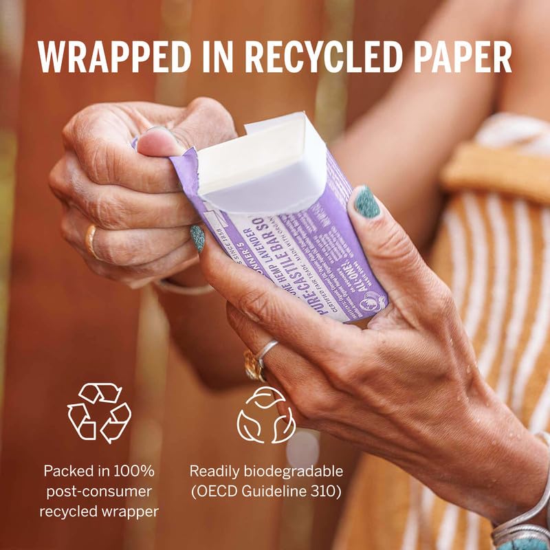Dr. Bronner's bar packaging with recycled wrappers highlights eco-friendly materials.