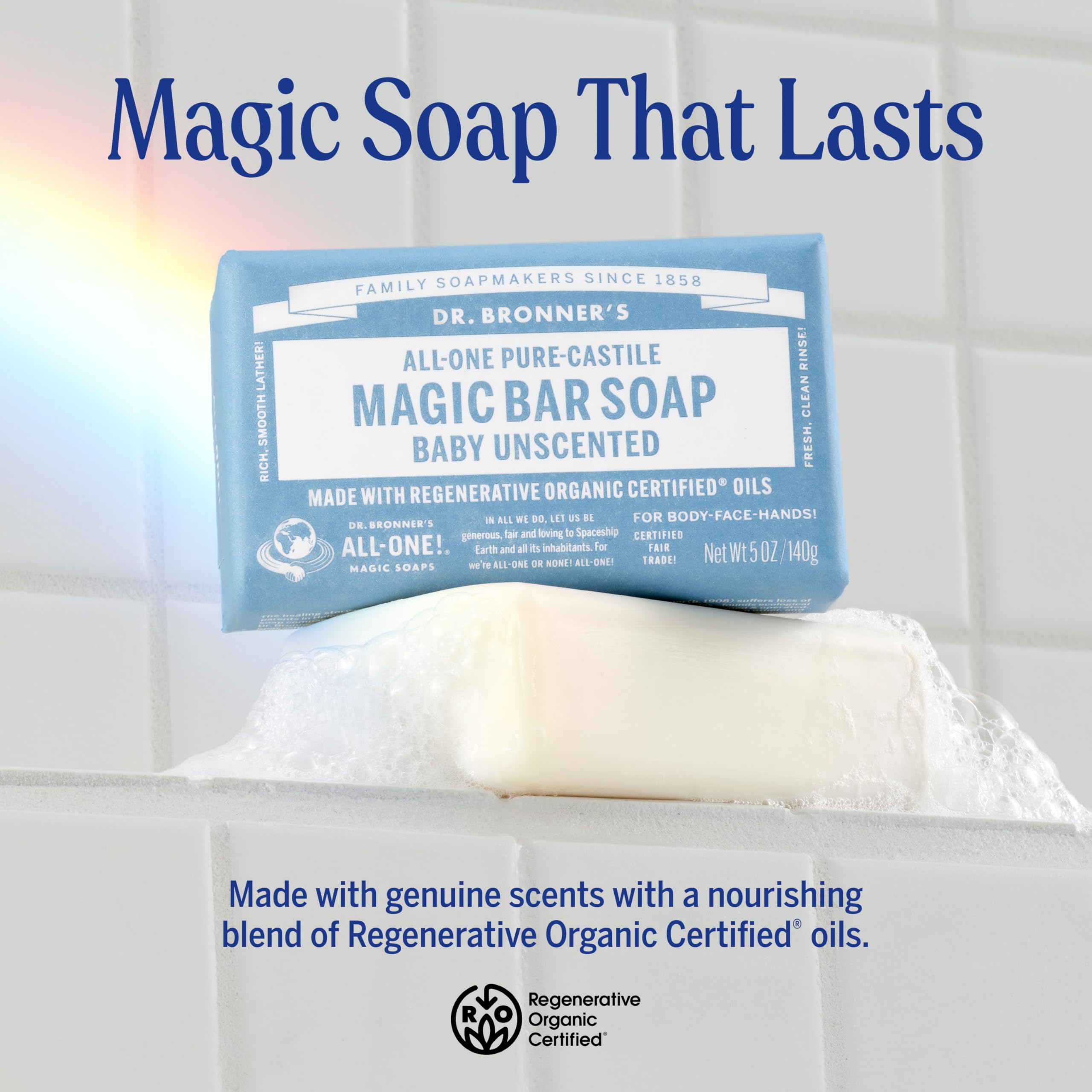 Dr. Bronner's Pure-Castile Bar lather closeup demonstrates rich foam for thorough cleansing.