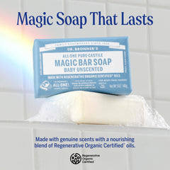 Dr. Bronner's Pure-Castile Bar lather closeup demonstrates rich foam for thorough cleansing.
