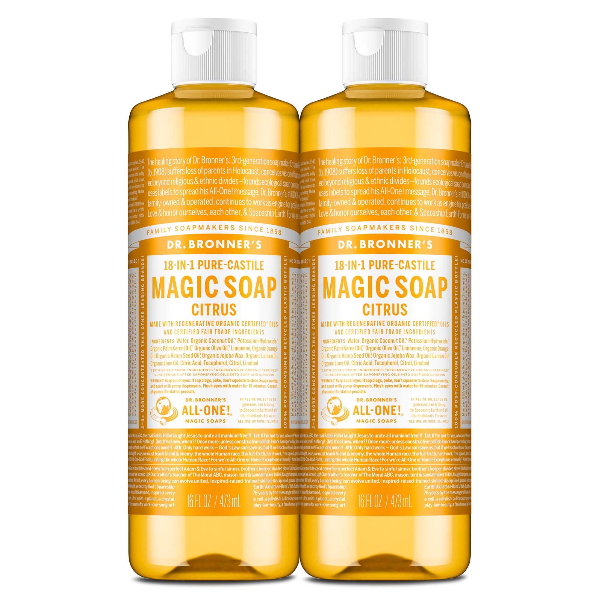 Dr. Bronner's Pure-Castile Citrus bottle front highlighting multi-use soap for skin and household.