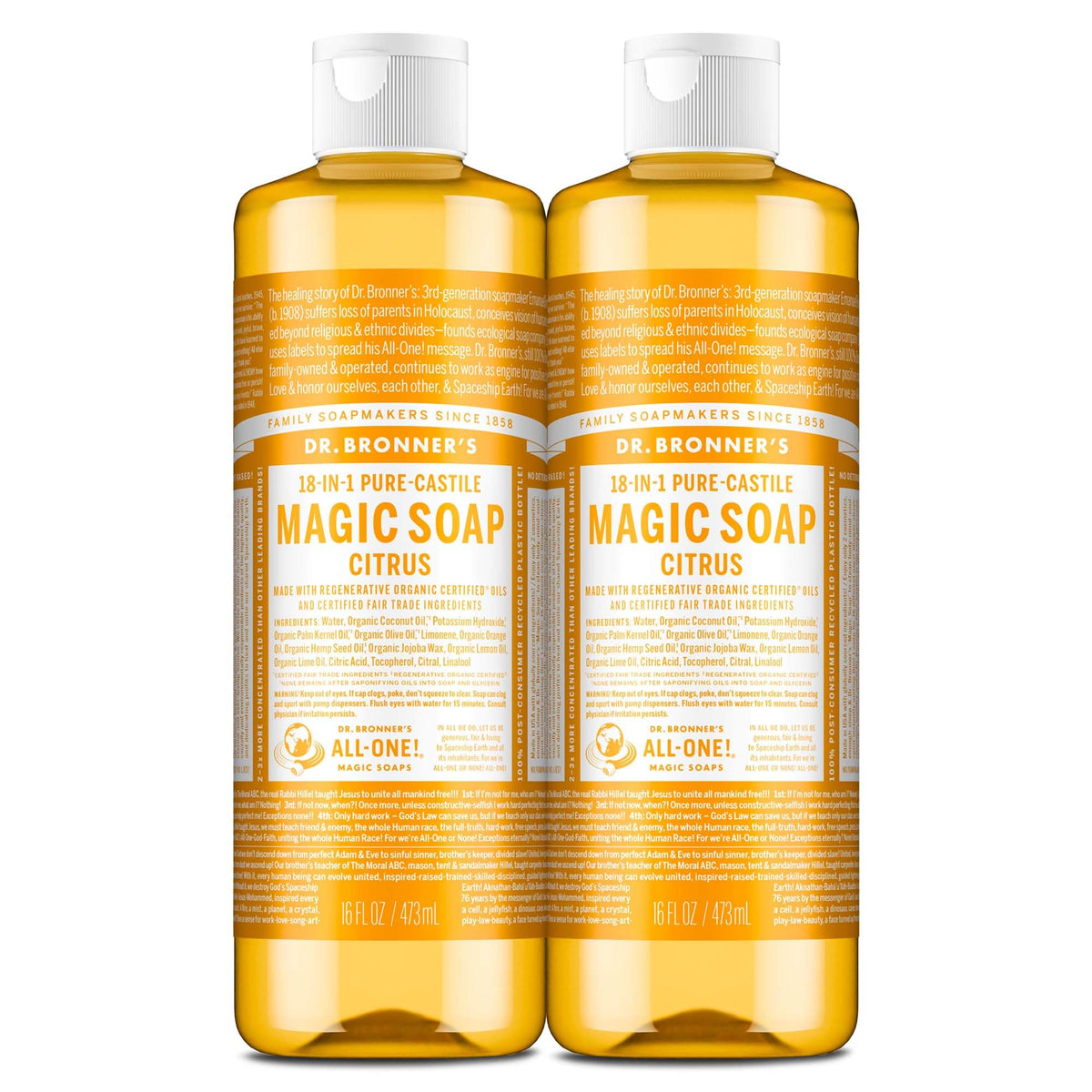 Dr. Bronner's Pure-Castile Citrus bottle front highlighting multi-use soap for skin and household.