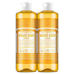 Dr. Bronner's Pure-Castile Citrus bottle front highlighting multi-use soap for skin and household.