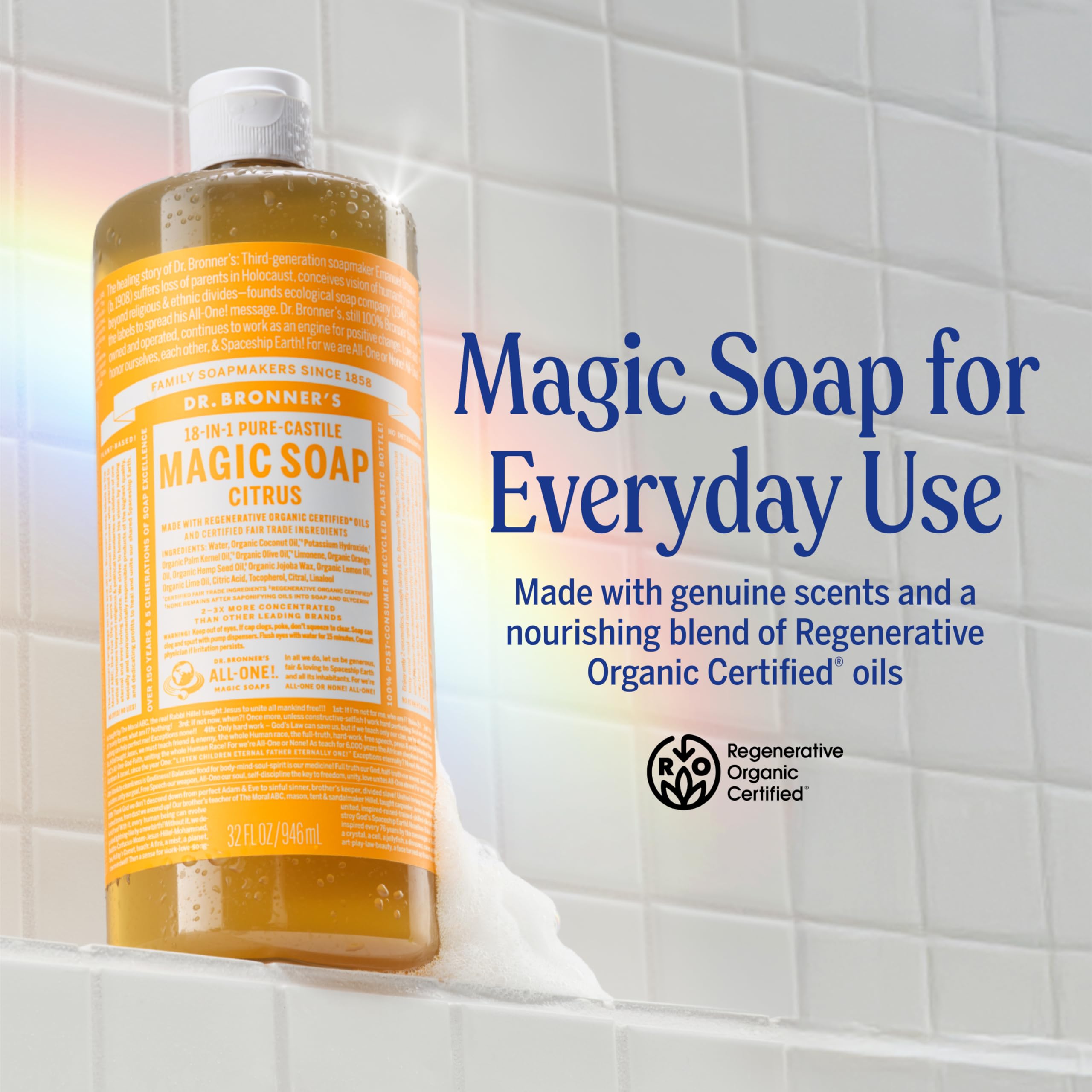 Dr. Bronner's Pure-Castile Citrus bottle offers refreshing scent for quick hand and body cleanse.