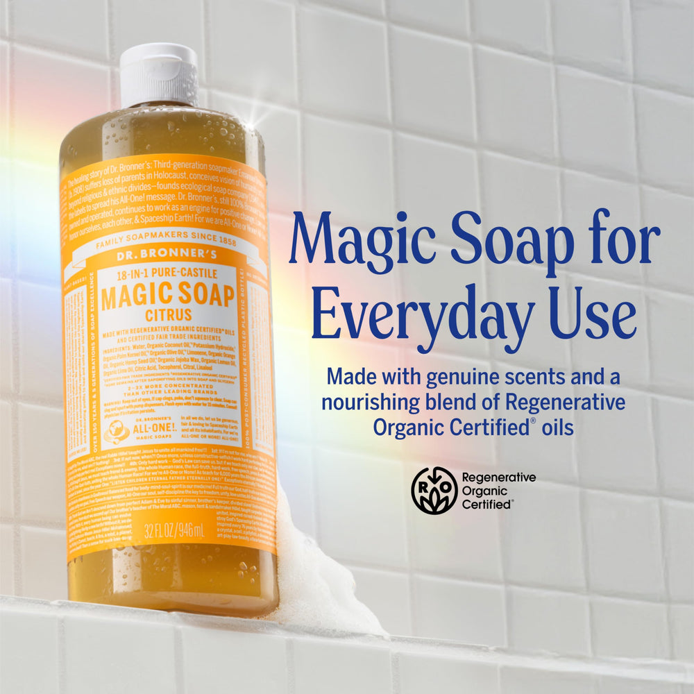 Dr. Bronner's Pure-Castile Citrus bottle offers refreshing scent for quick hand and body cleanse.
