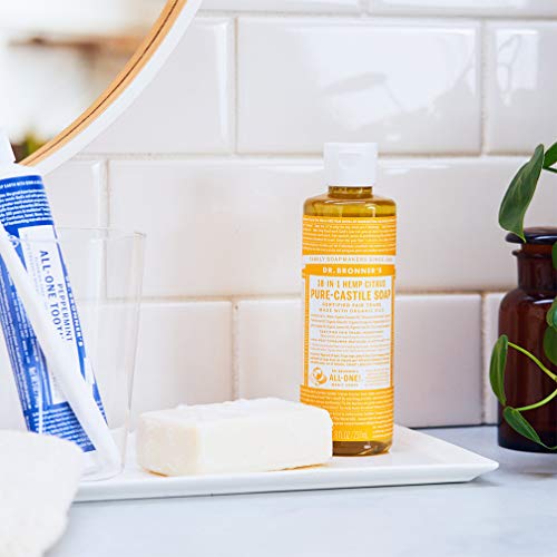 Dr. Bronner's Pure-Castile Citrus dilution-use shows 3x concentrated efficiency.