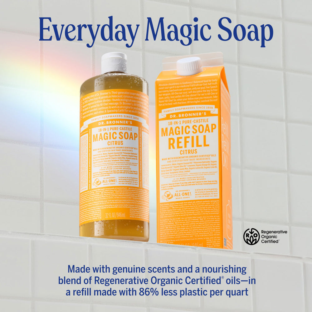 Dr. Bronner's Citrus dish soap image emphasizes grease-cutting power with a gentle formula