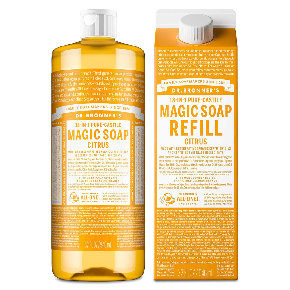 Dr. Bronner's Pure-Castile Citrus soap bottle shows rich lather for body and hands