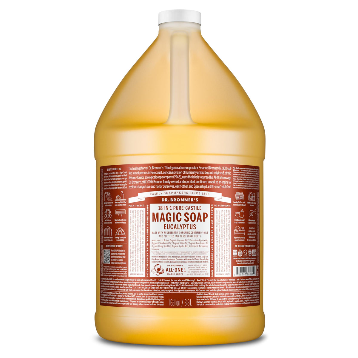 Dr. Bronner's Pure-Castile eucalyptus 1gal bottle ready for versatile cleaning tasks.