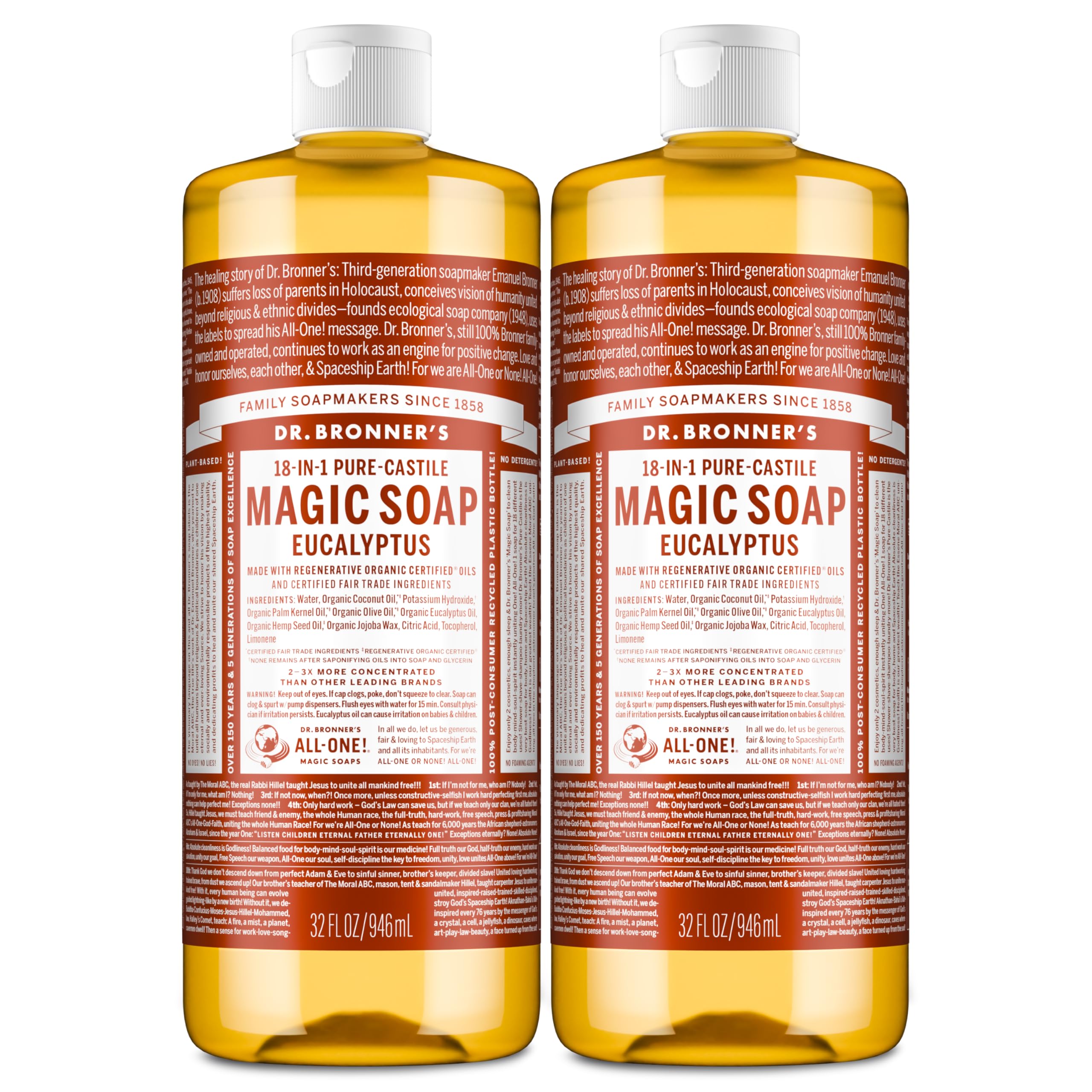 Dr. Bronner's Pure-Castile Eucalyptus soap in a 32 oz bottle showcasing its luxurious lather.