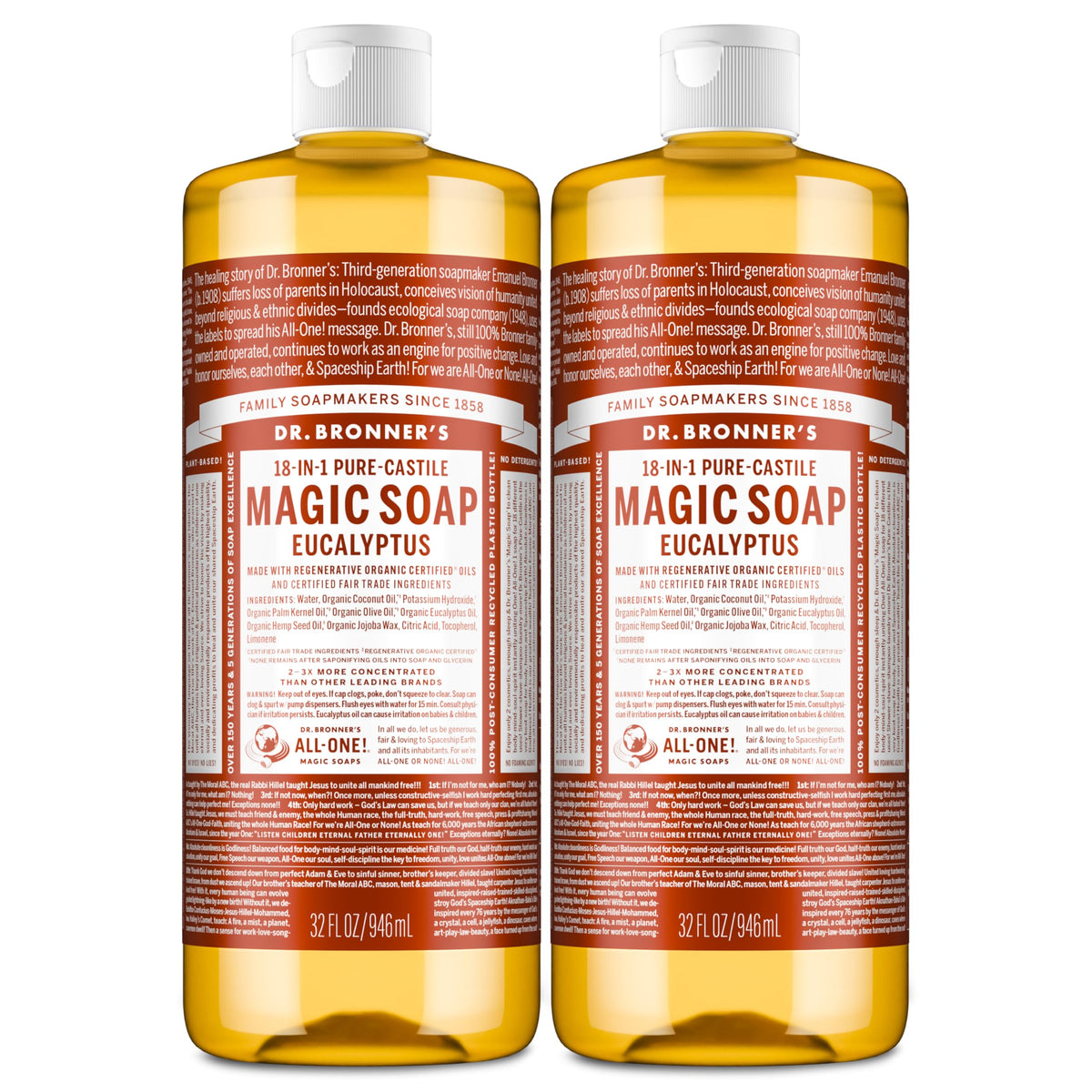 Dr. Bronner's Pure-Castile Eucalyptus soap in a 32 oz bottle showcasing its luxurious lather.