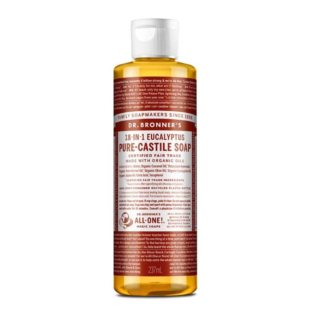 Dr. Bronner's Pure-Castile Eucalyptus bottle for versatile cleaning and refreshing aromatherapy