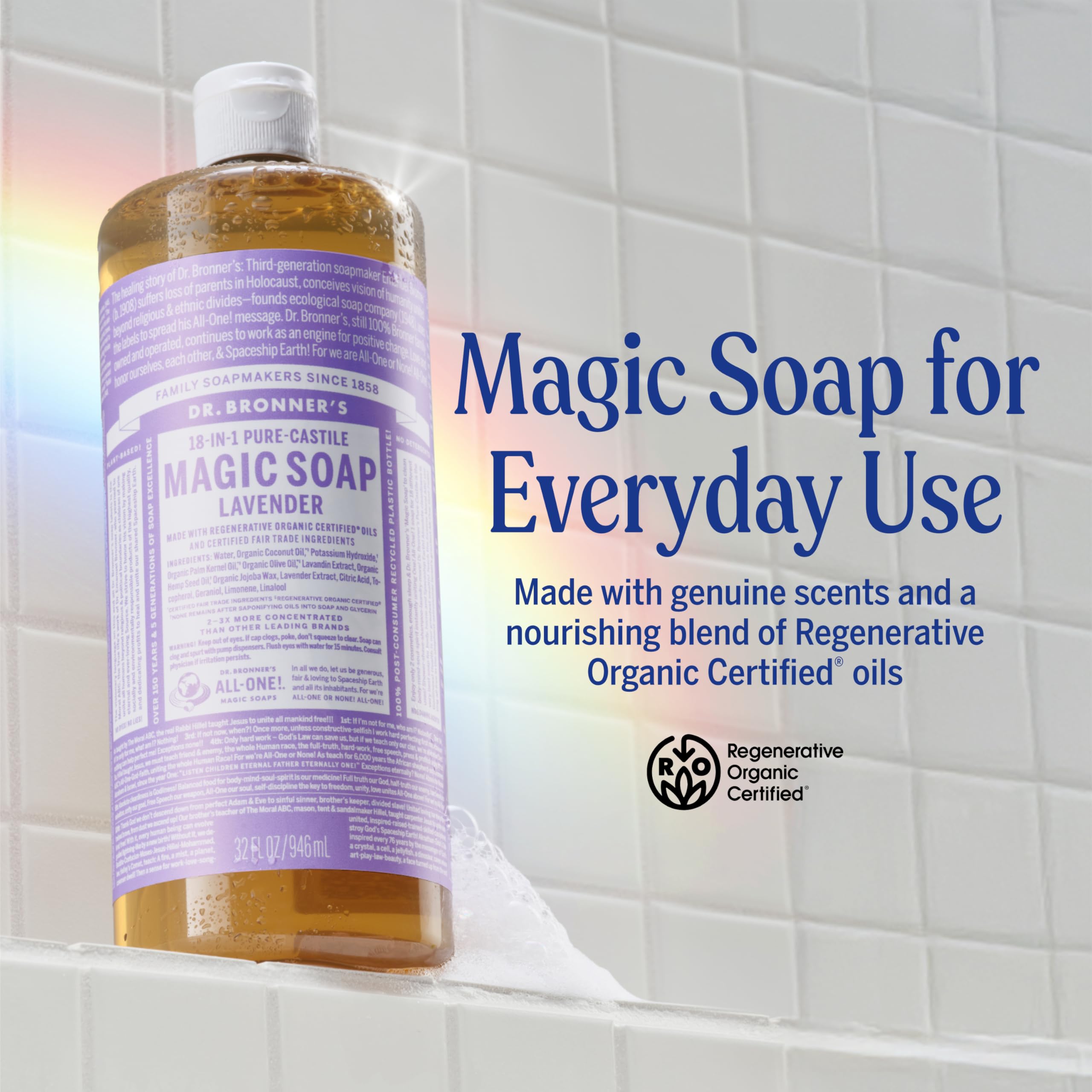 Dr. Bronner’s Lavender bottle with blooms signals gentle, ethical cleansing.