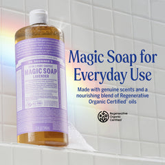 Dr. Bronner’s Lavender bottle with blooms signals gentle, ethical cleansing.