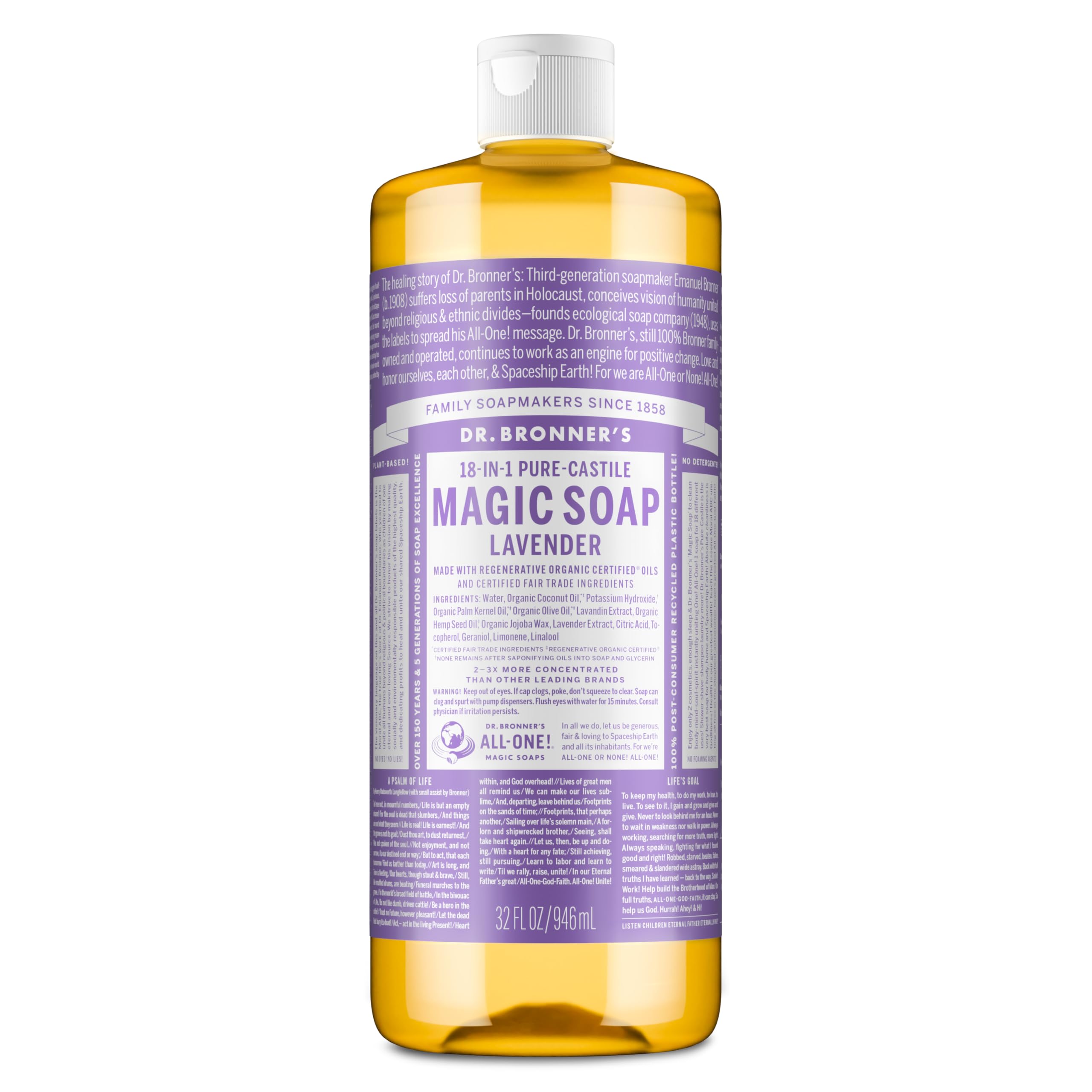 Dr. Bronner’s Pure-Castile Lavender bottle close-up with rich lather for cleansing.