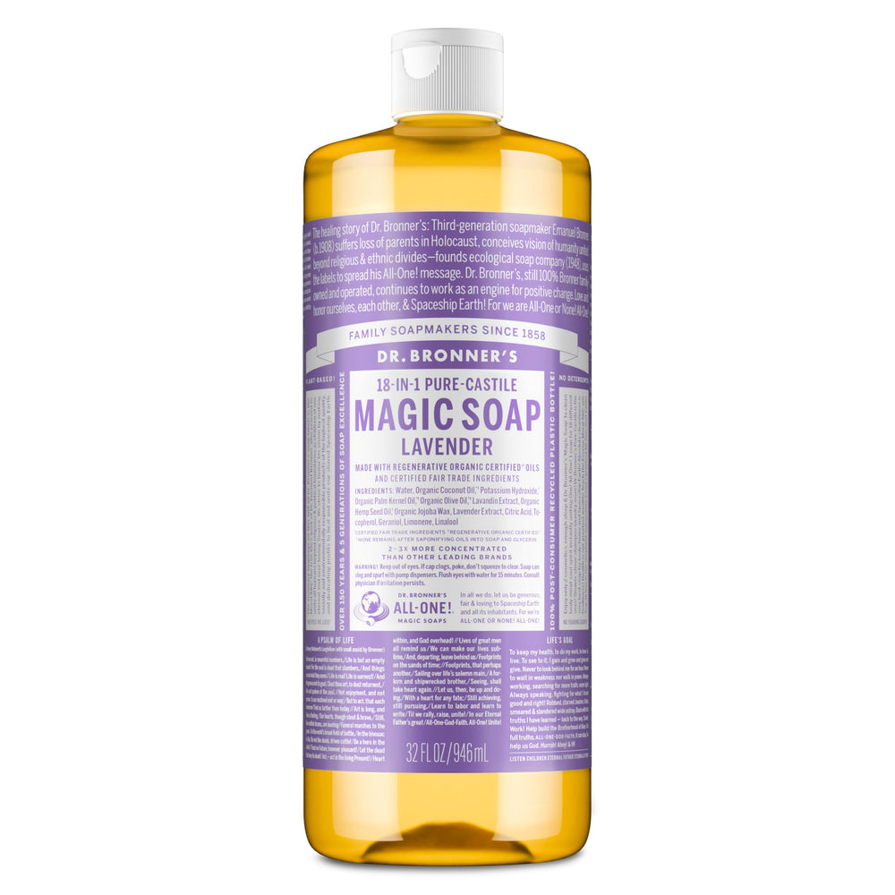 Dr. Bronner’s Pure-Castile Lavender bottle close-up with rich lather for cleansing.
