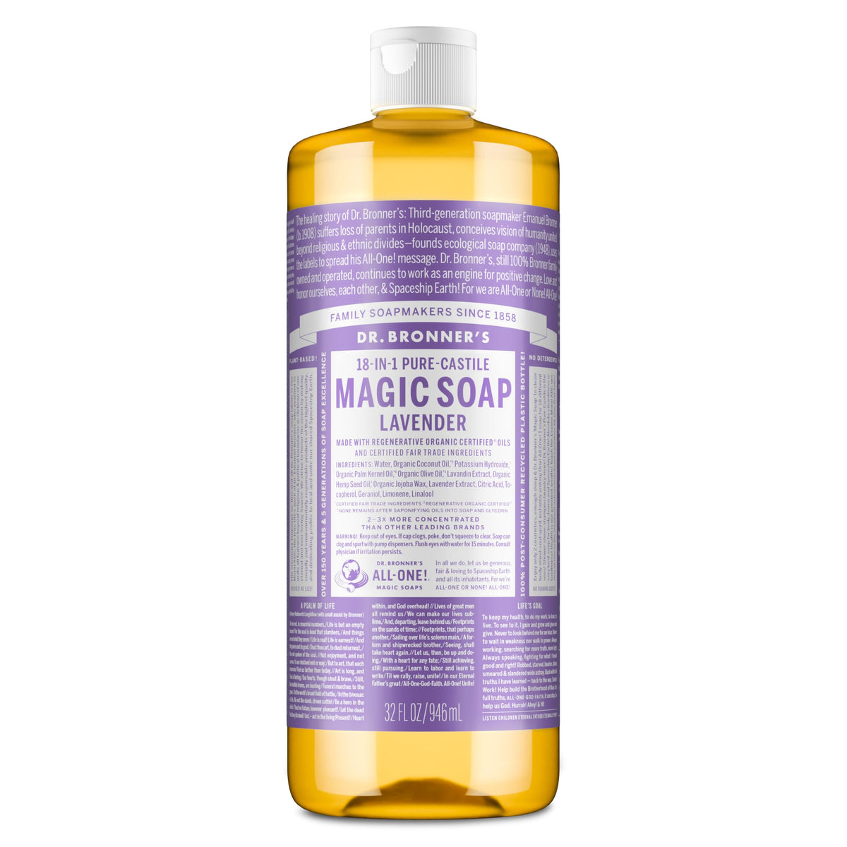 Dr. Bronner’s Pure-Castile Lavender bottle close-up with rich lather for cleansing.
