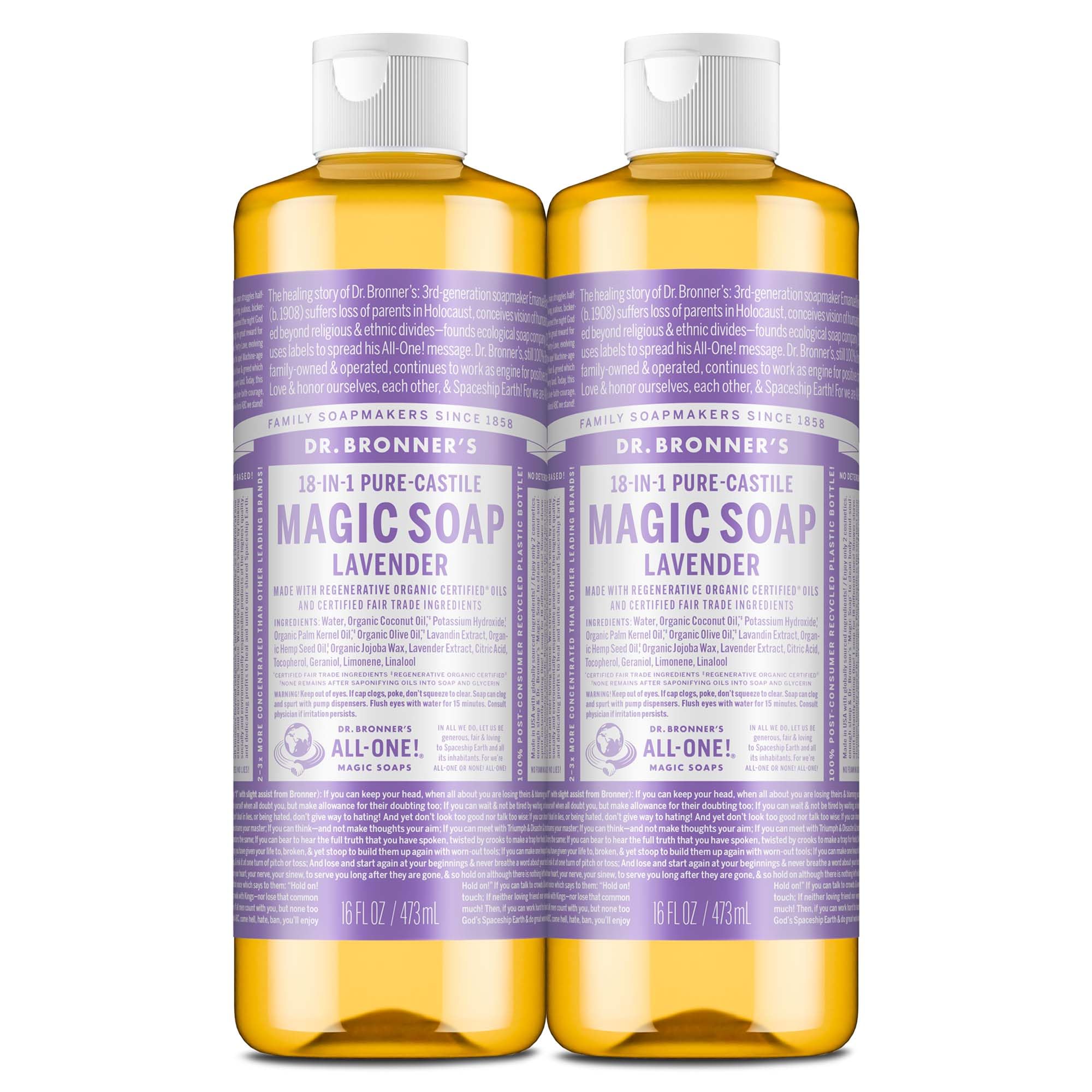 Dr. Bronner's Pure-Castile Lavender bottle ready for versatile cleansing rituals.