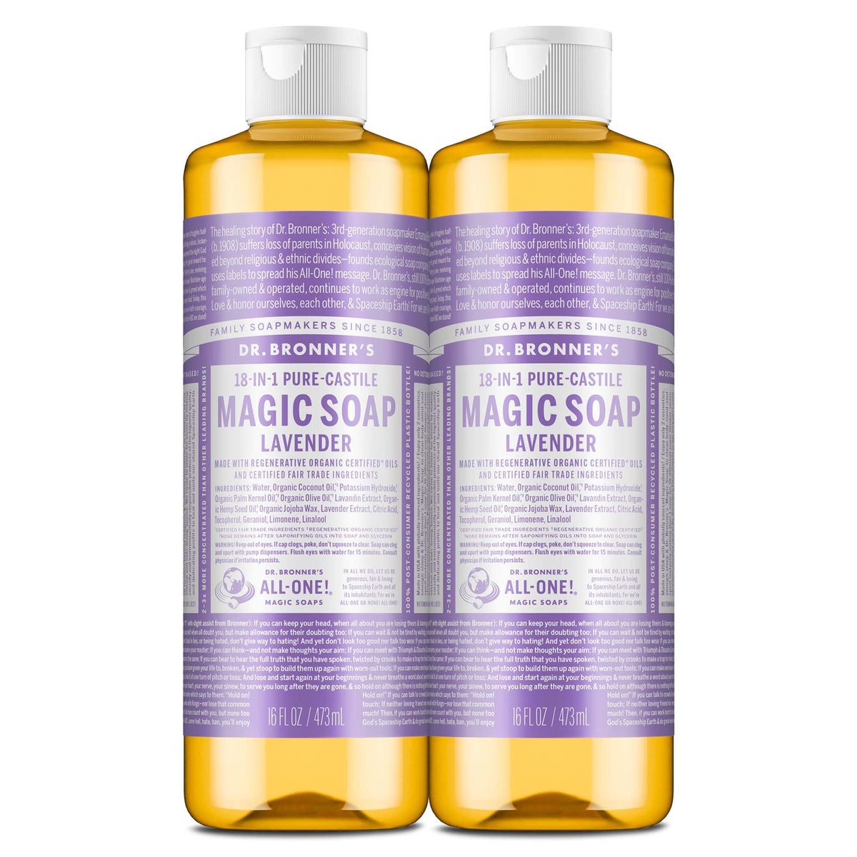 Dr. Bronner's Pure-Castile Lavender bottle ready for versatile cleansing rituals.