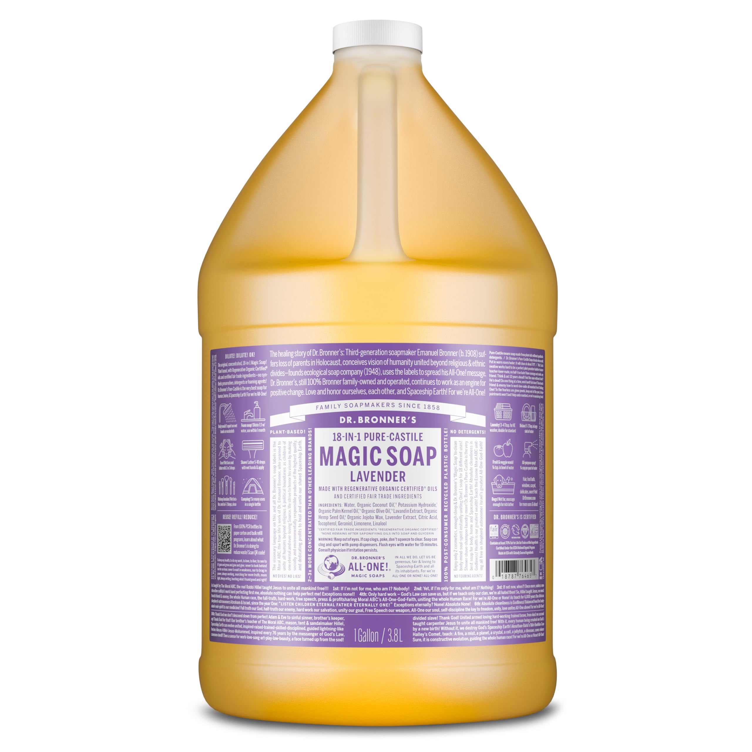 Dr. Bronner's Pure-Castile Lavender soap bottle closeup demonstrates rich lather for skin care