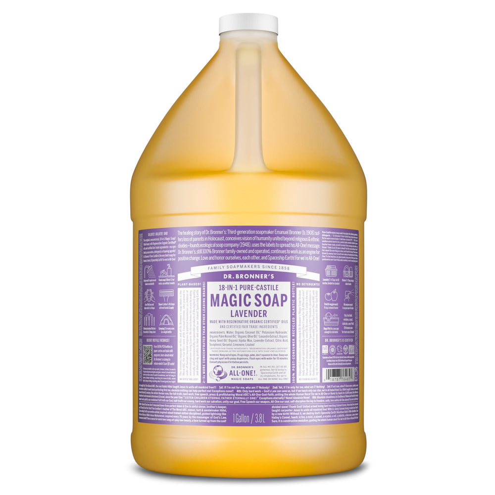 Dr. Bronner's Pure-Castile Lavender soap bottle closeup demonstrates rich lather for skin care