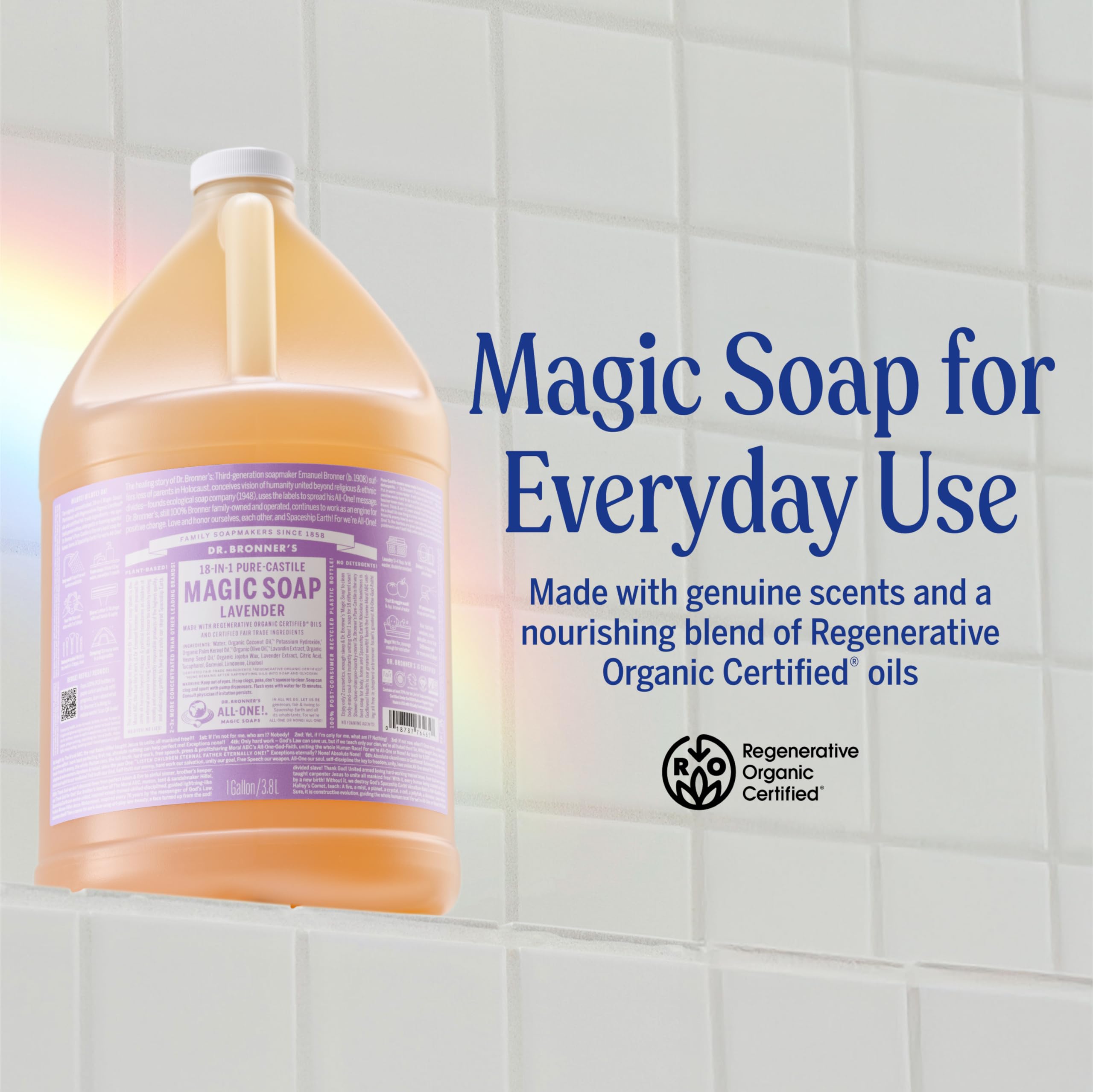 Dr. Bronner's lavender liquid soap foam highlights plant-based cleansing power