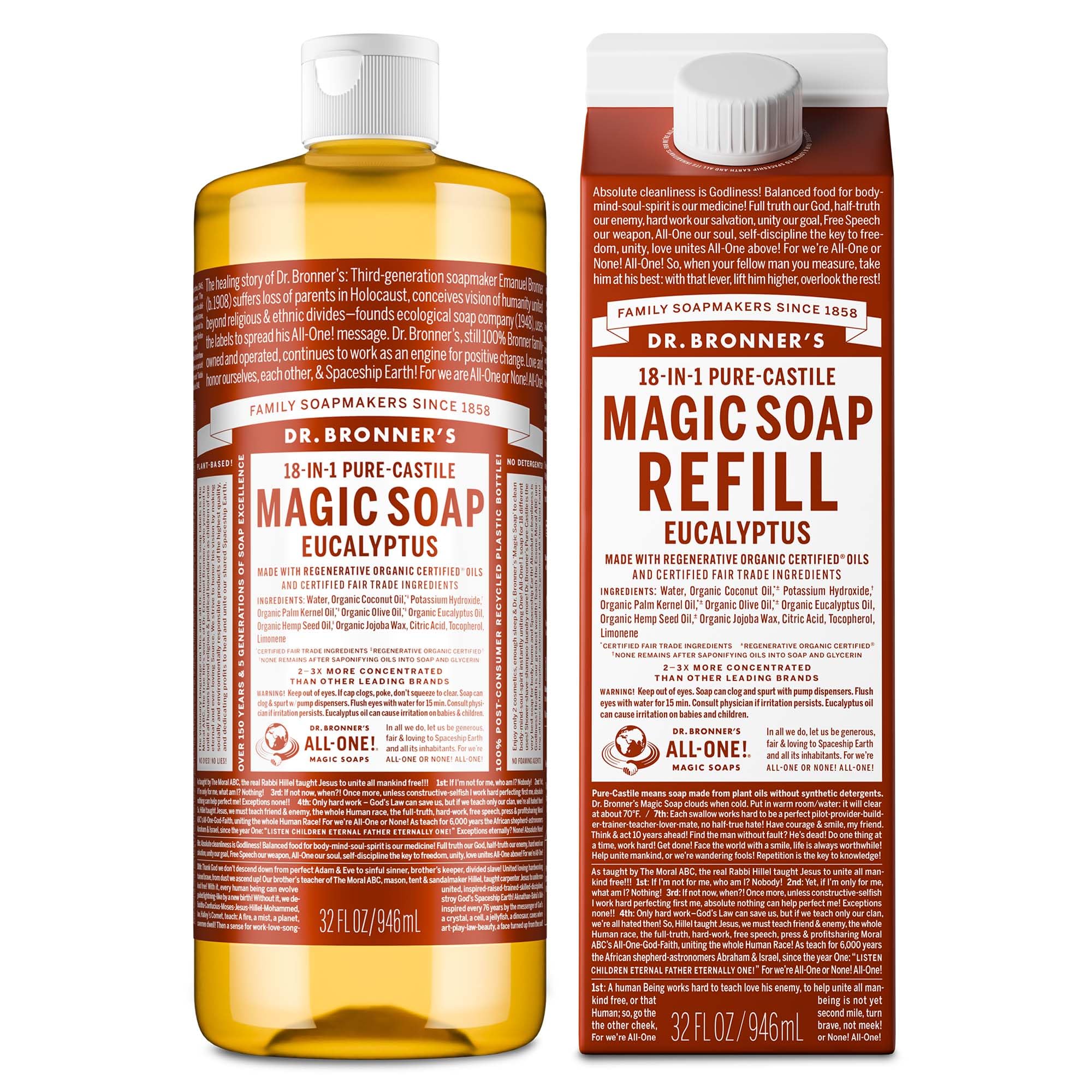 Dr. Bronner's Pure-Castile Eucalyptus bottle close-up showing organic oils for cleansing.