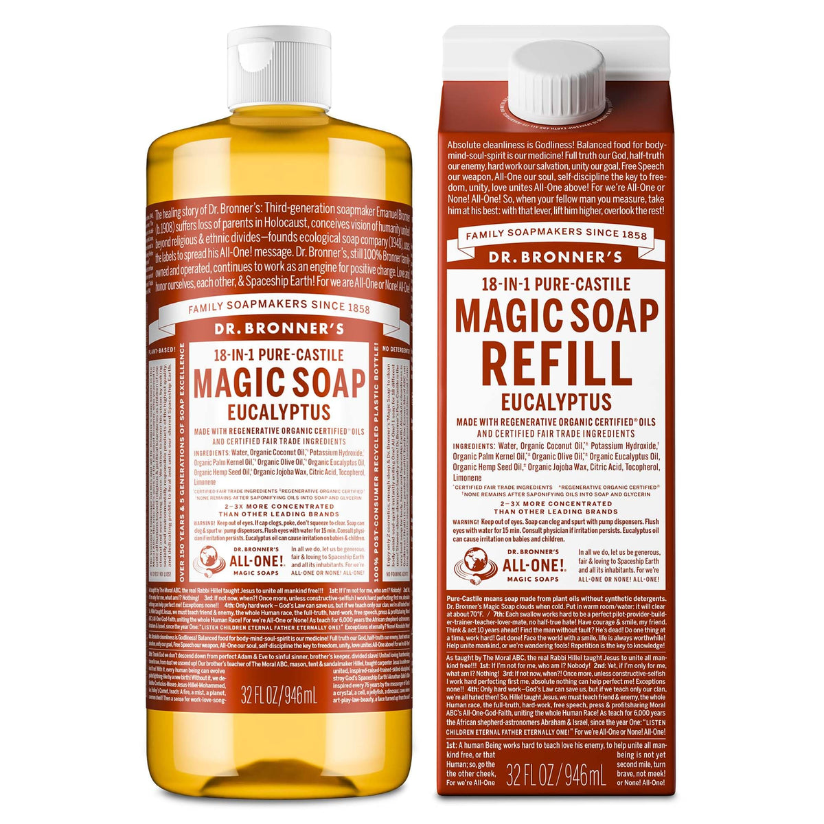 Dr. Bronner's Pure-Castile Eucalyptus bottle close-up showing organic oils for cleansing.
