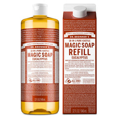 Dr. Bronner's Pure-Castile Eucalyptus bottle close-up showing organic oils for cleansing.