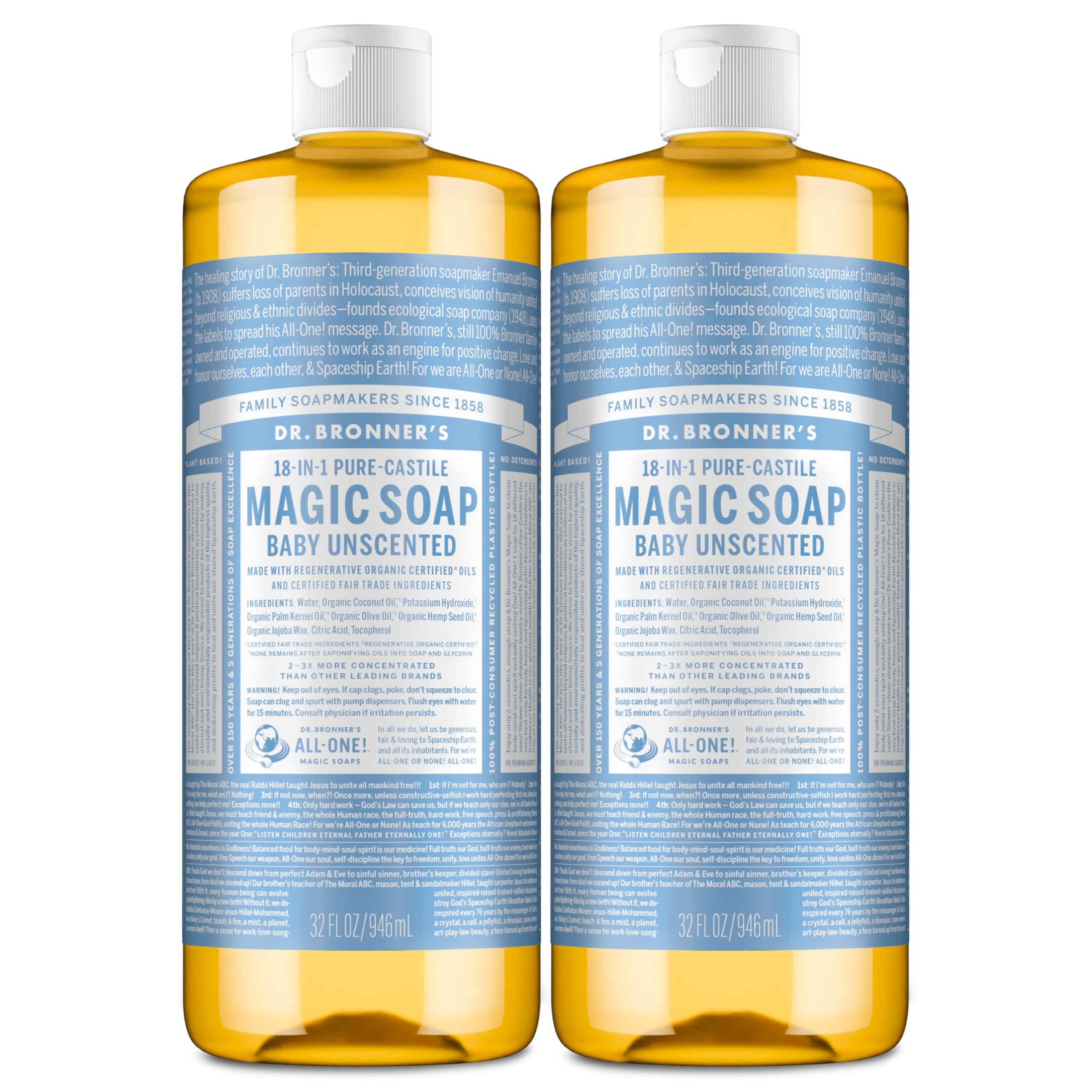 Dr. Bronner's Pure-Castile Baby Unscented bottle highlights gentle, skin-friendly cleansing for sensitive users.