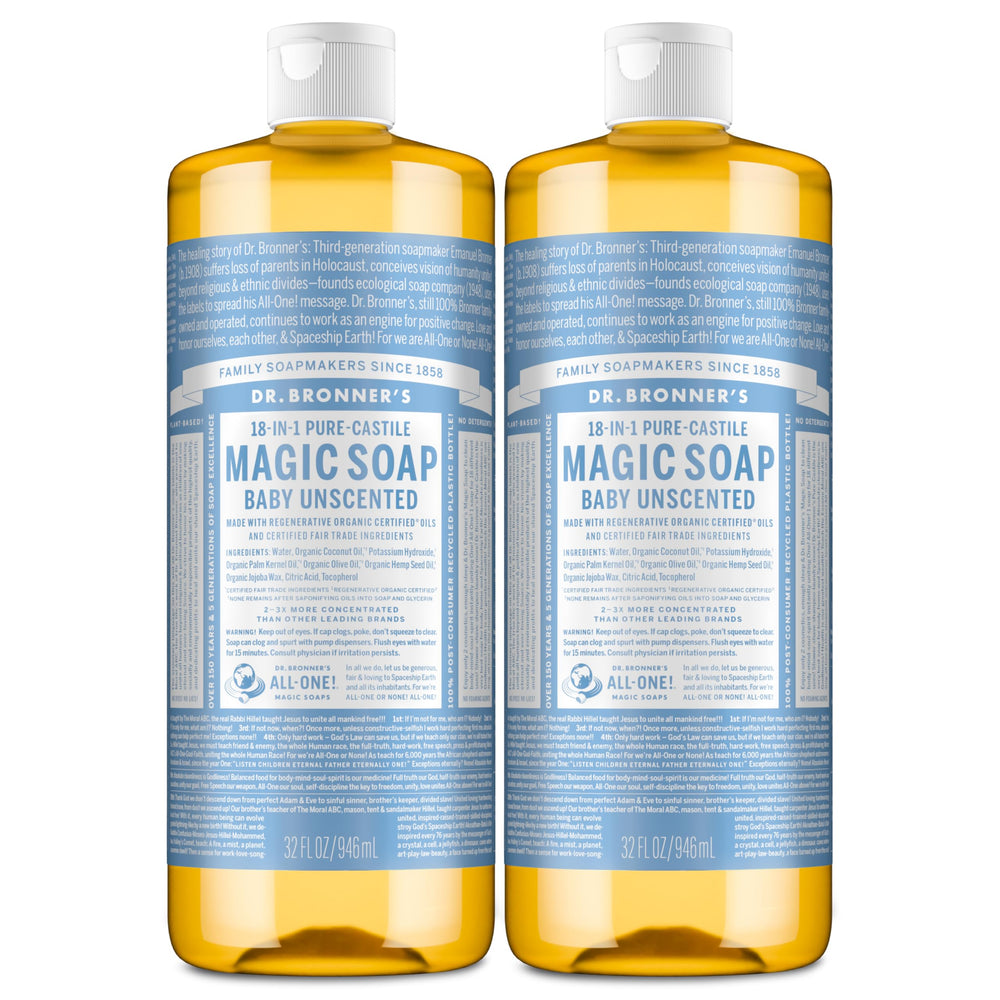Dr. Bronner's Pure-Castile Baby Unscented bottle highlights gentle, skin-friendly cleansing for sensitive users.