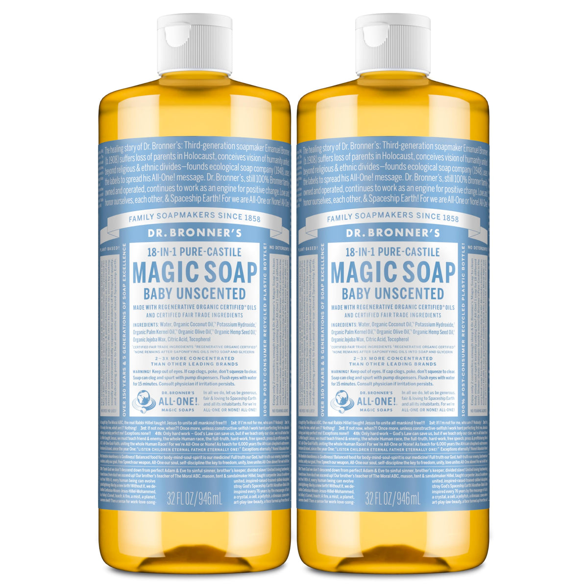 Dr. Bronner's Pure-Castile Baby Unscented bottle highlights gentle, skin-friendly cleansing for sensitive users.